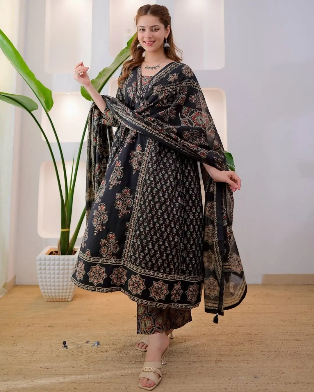 Pure Cotton Ajrakh Print Anarkali Suit Set with Handworked Neck & Dupatta